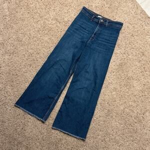 ZARA Dark Blue High Waisted Wide Leg Raw Hem Jeans Size 8 | Normcore Demin